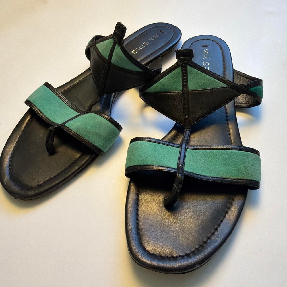 Via Spiga Teal Aqua Black Suede Leather Strappy Flat Sandals Italy Womens 10